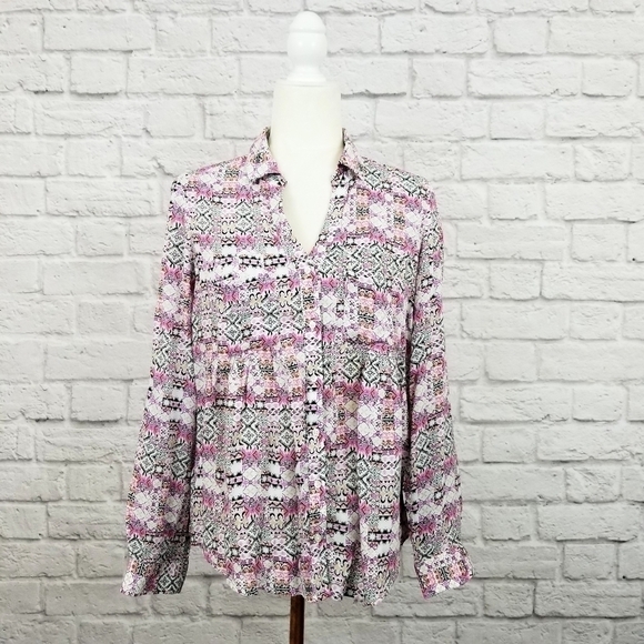 Maeve Anthro Islet pink white black print button front top women's size XSmall - Picture 2 of 9